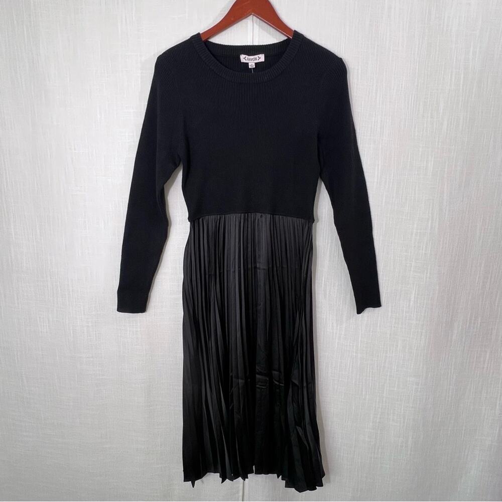 Nanette Lepore Long Sleeve Pleated Satin Skirt Stretch Sweater Dress Sz M